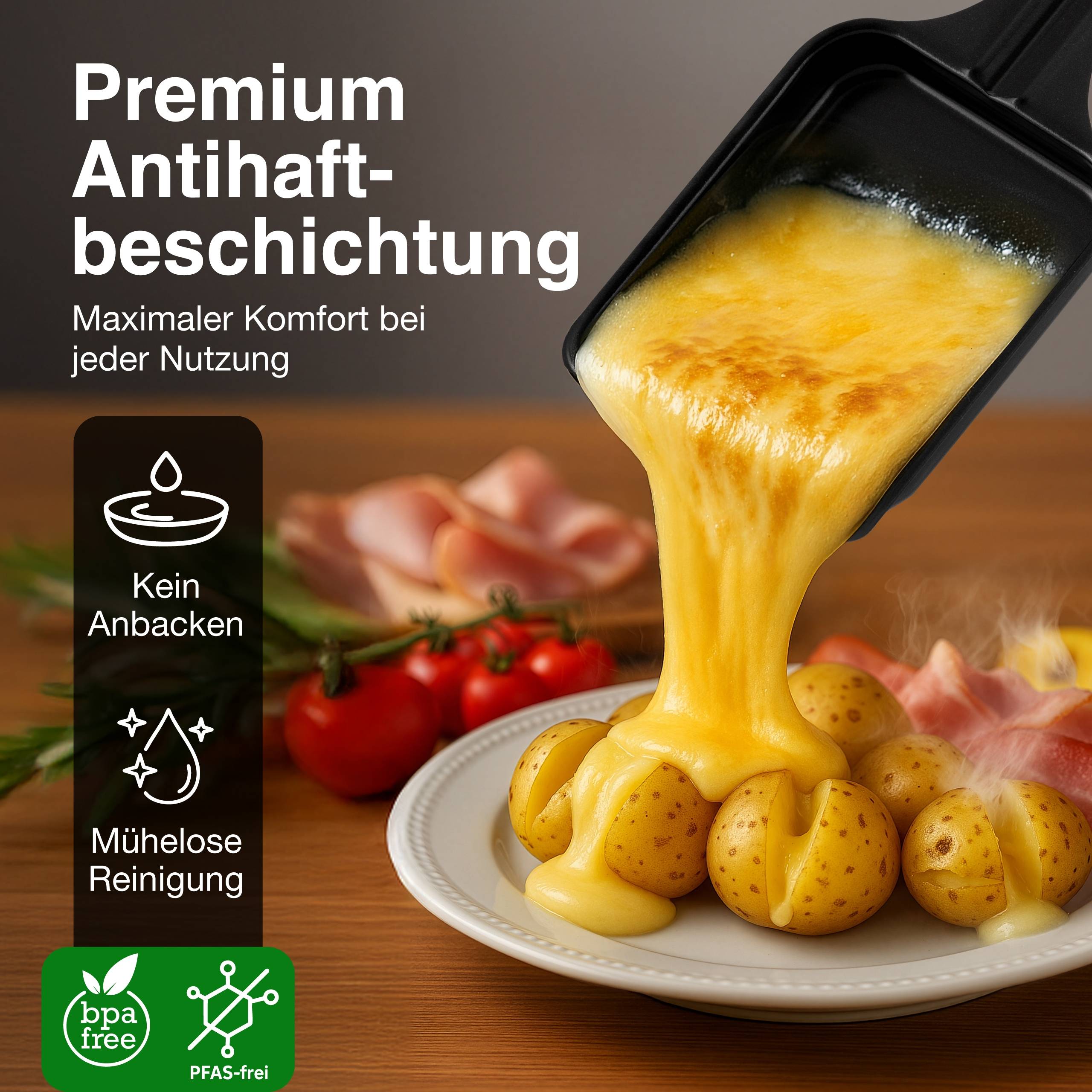 Deutsches Lebensmittel-Werbeanzeige mit geschmolzenem Käse, der über Kartoffeln gegossen wird, bewirbt hochwertige antihaftbeschichtung, einfache reinigung und bpa-/pfas-freies material.
