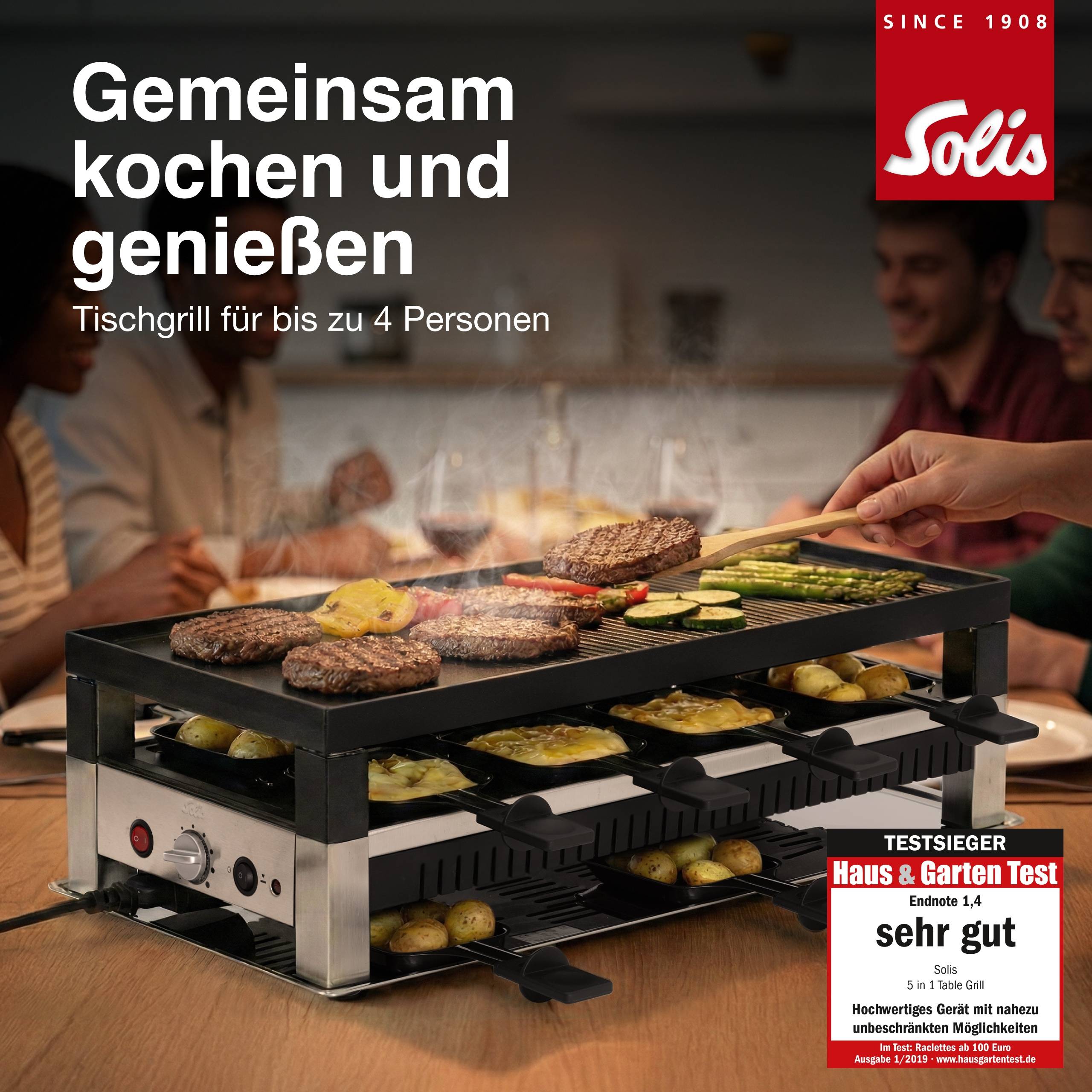 Solis 5 in 1 Raclette Tischgrill, 1400 W, 8 Personen, Mini Pizza Mini Wok Crepes