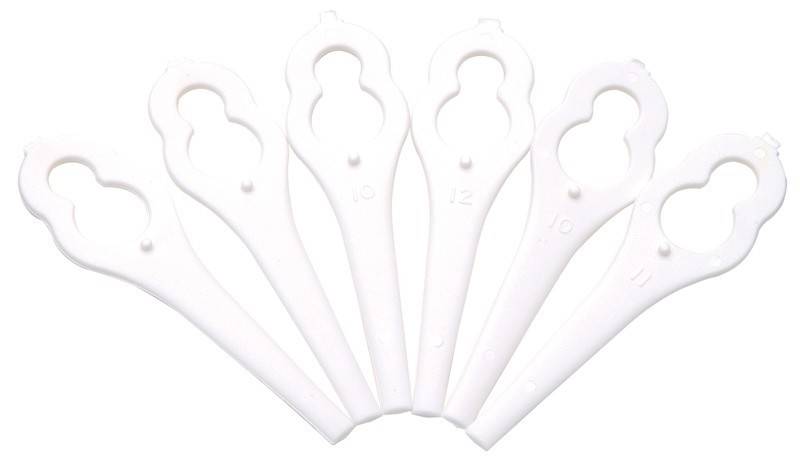 Fünf weiße Kunststoff-Haken in Fächerform angeordnet, jeder mit einer geprägten Zahl in Nähe der Basis.