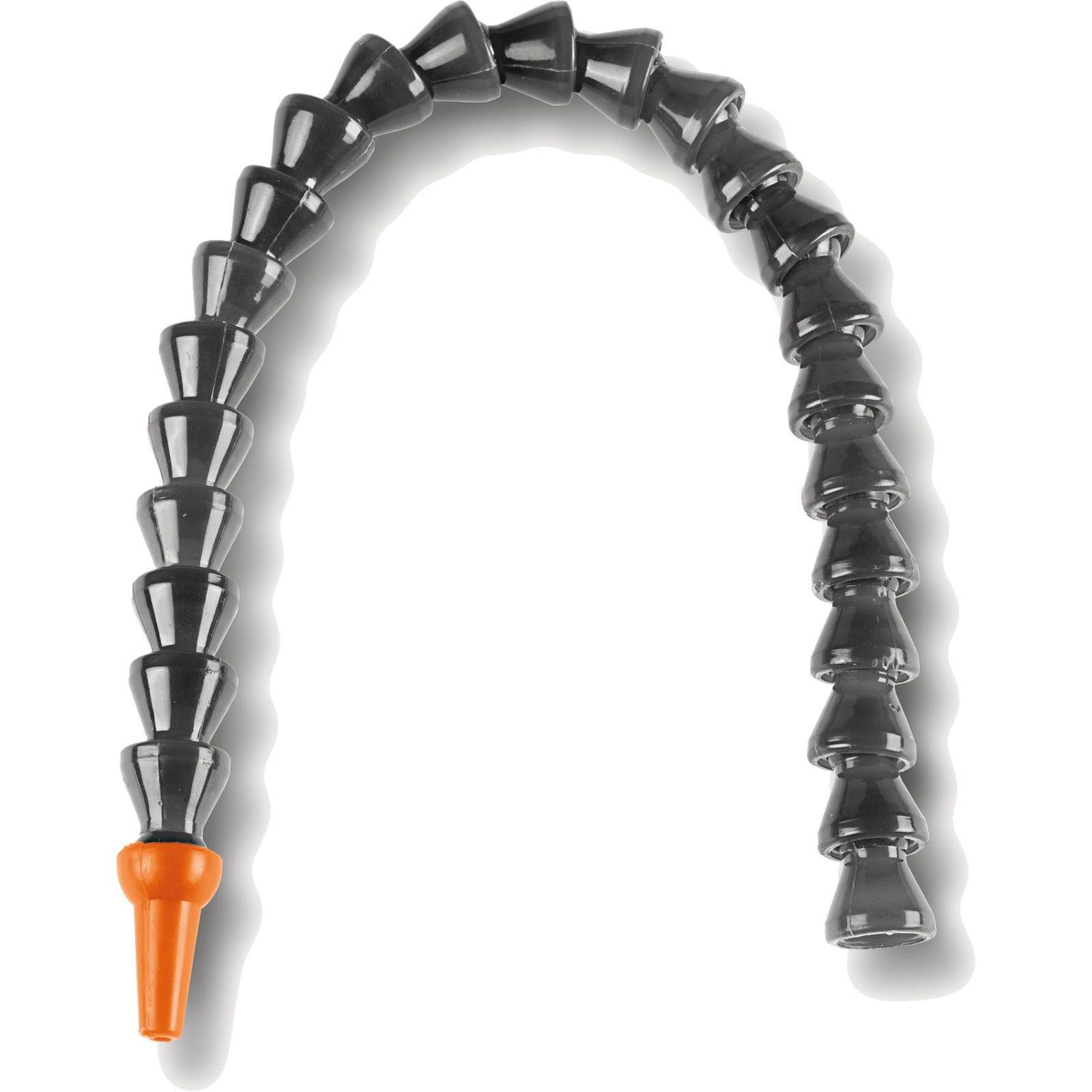 Ein segmentierter, flexibler Schlauch mit einer spitzen orangefarbenen Düse am Ende, der üblicherweise zur Lenkung von Flüssigkeit oder Luft in beengten Räumen verwendet wird.