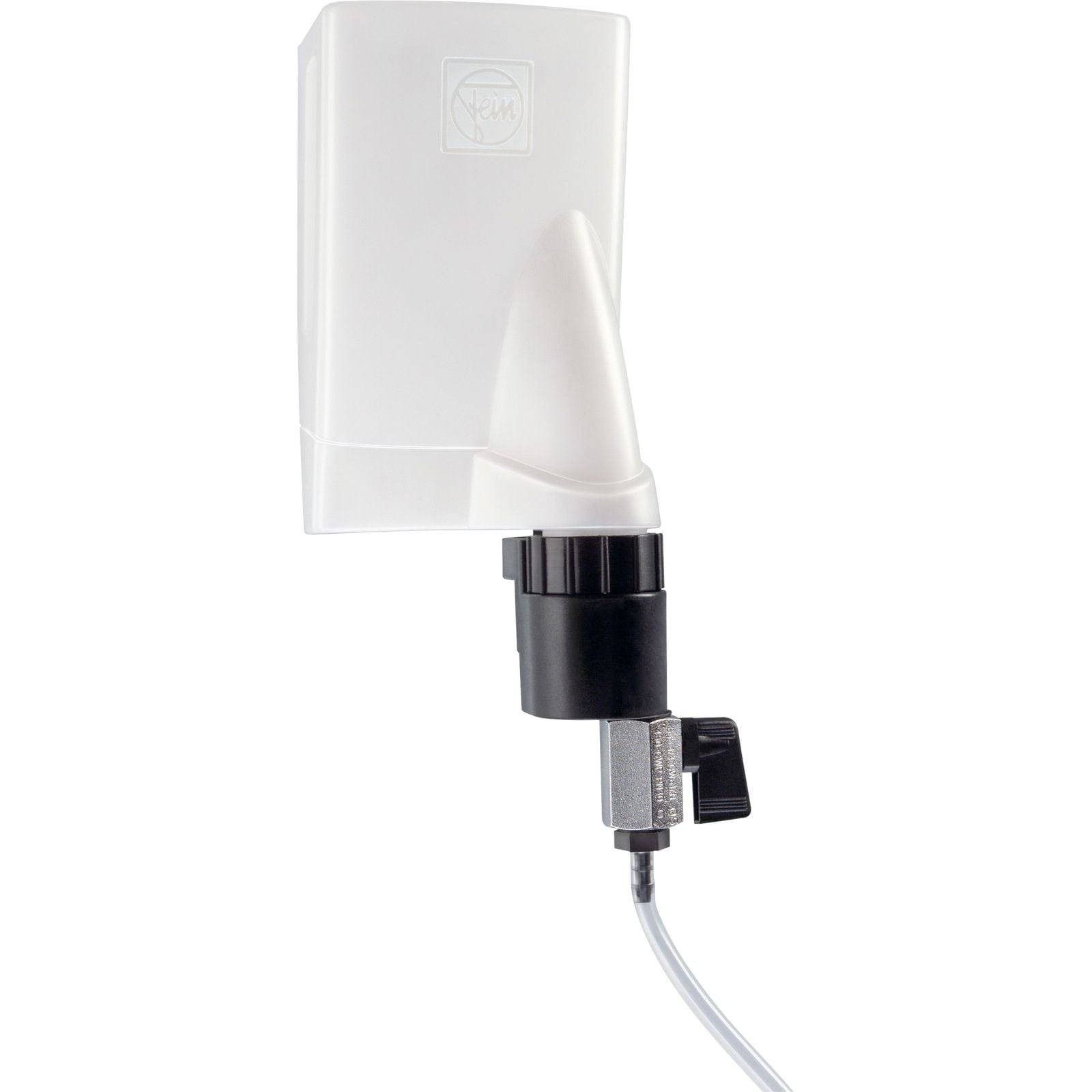 Ein weißes Sensorgerät mit quadratischer Oberseite und zylindrischer Basis, das über einen silbernen Anschluss mit einem schwarzen Ventil verbunden ist, arbeitet in Automatisierungssystemen.