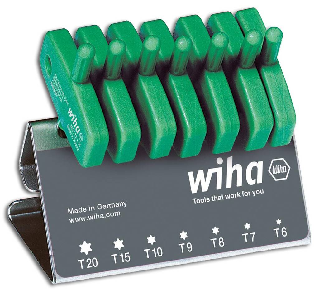 Satz grüner Wiha-Torx-Schraubendrehergriffe in einem Anzeigehalter mit den Bezeichnungen T20, T15, T10, T9, T8, T7, T6.