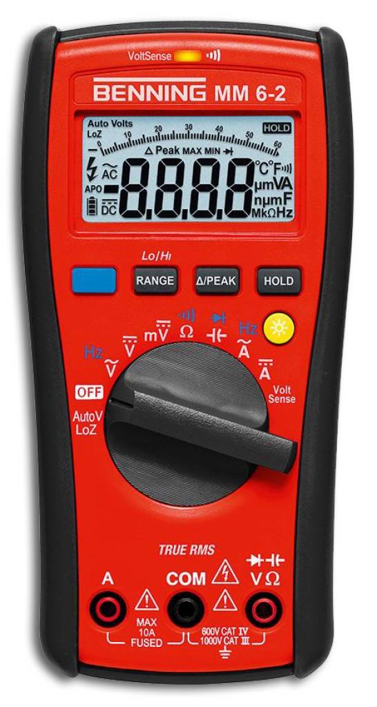 Digital-Multimeter MM 6-2Ausführung Gehäuse aus schlagfestem Kunststoff mit integriertem Gummischutzrahmen. Mit Voltsensor und TRUE RMS-Messverfahre