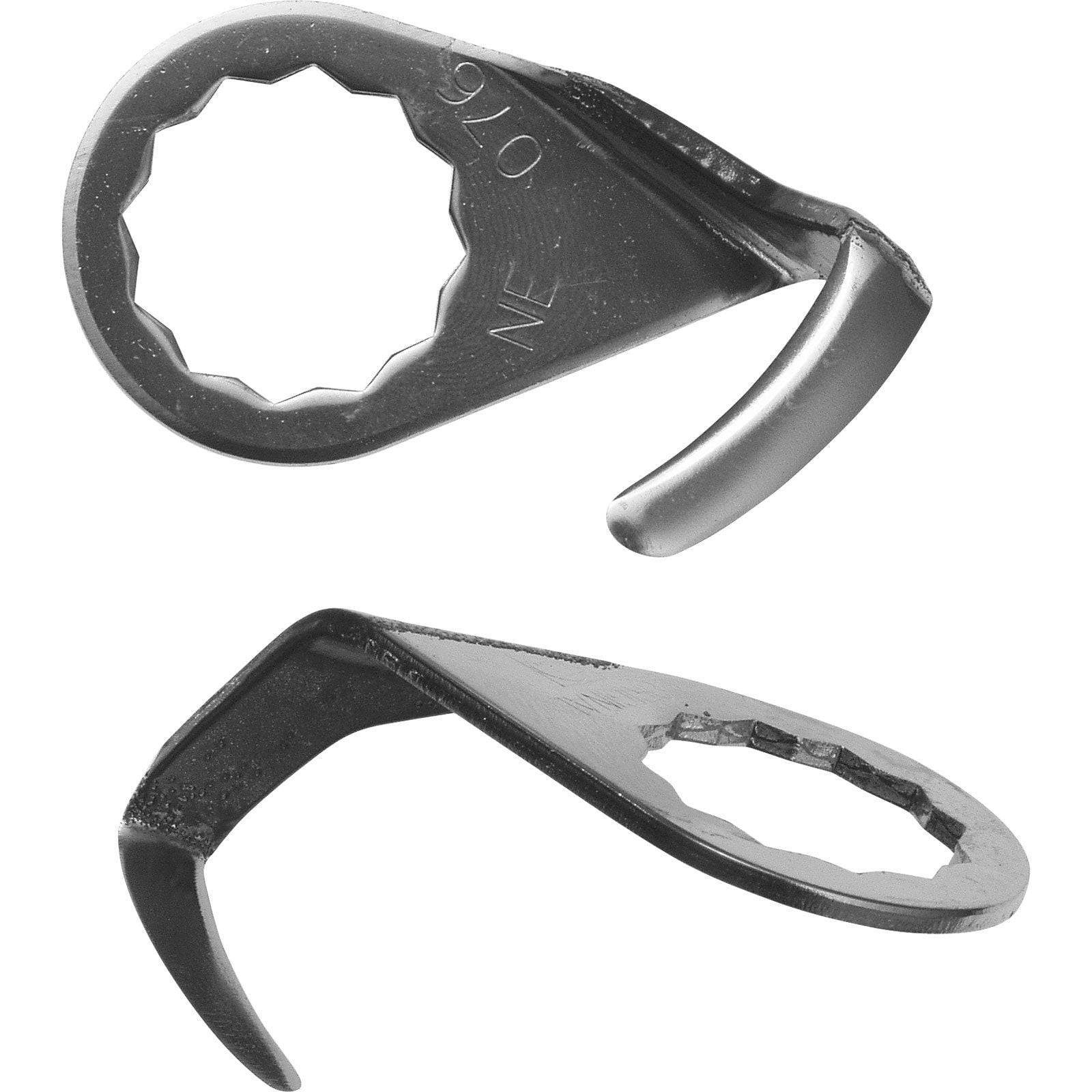 Zwei Metallriemenschaftschlüssel mit einer offenen, kreisförmigen Konstruktion, die gezahnte Kanten und gewinkelte Haken zum Greifen und Festziehen aufweisen.