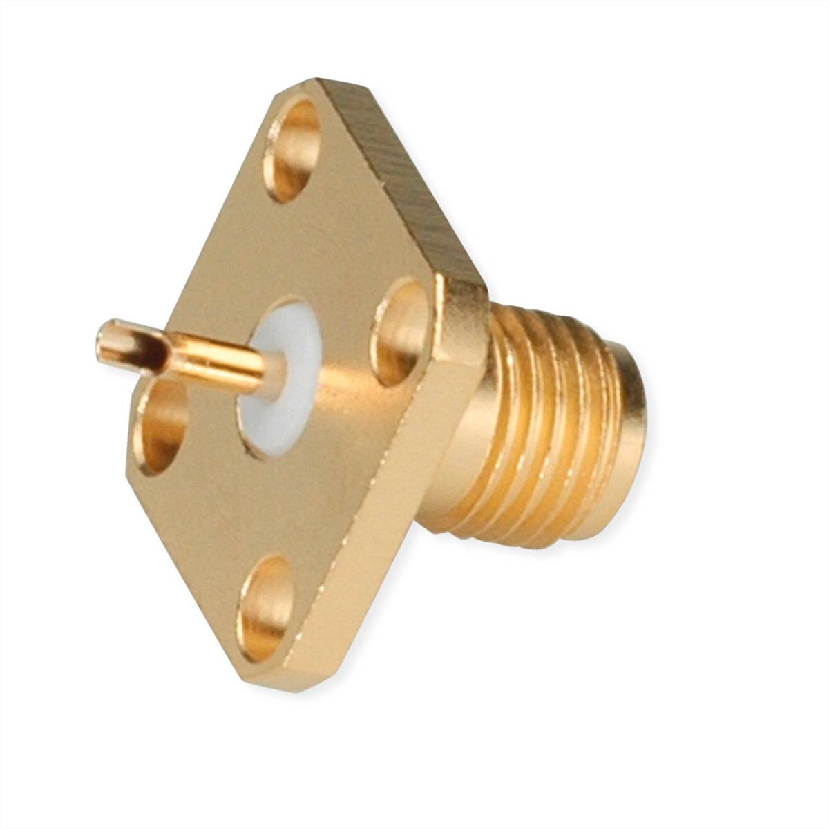 Vergoldeter koaxialer Stecker mit Zylinder und Kappe, zerlegt. Der Hauptstecker ist abgewinkelt, mit einer gerillten Struktur am hinteren Ende.