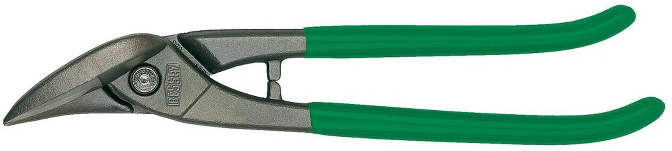Ein Paar Blechscheren mit grünen Griffen und geschlossenen Klingen, in Seitenansicht auf weißem Hintergrund dargestellt.