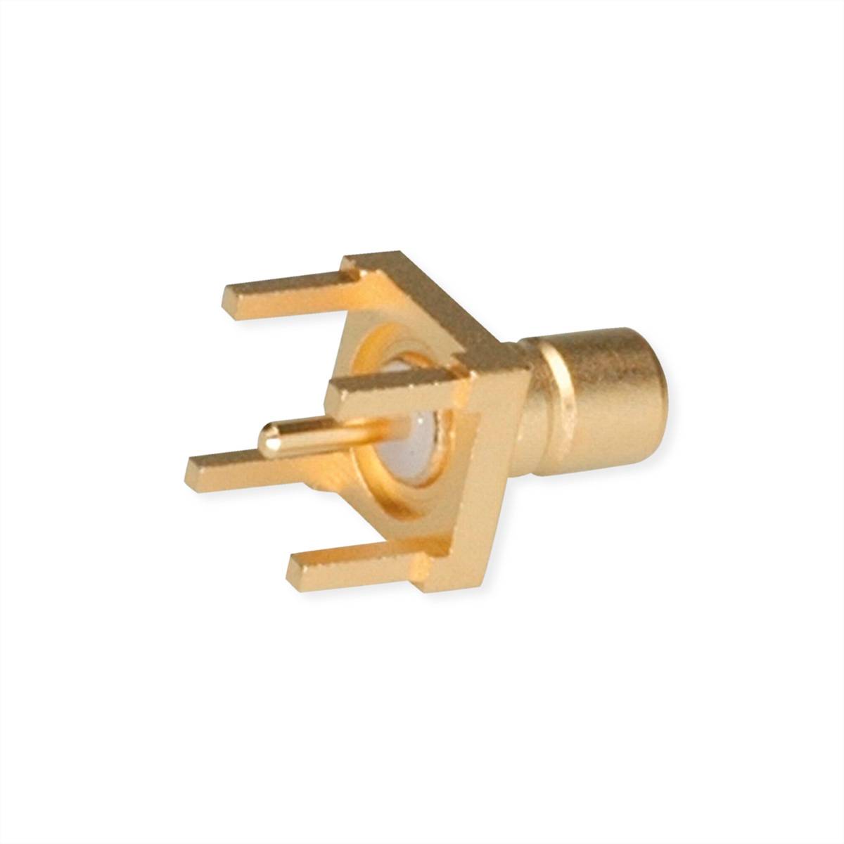 Vergoldeter koaxialer Steckverbinder mit Kontaktstift und Befestigungslaschen, entwickelt für sichere Verbindungen in elektronischen Geräten.