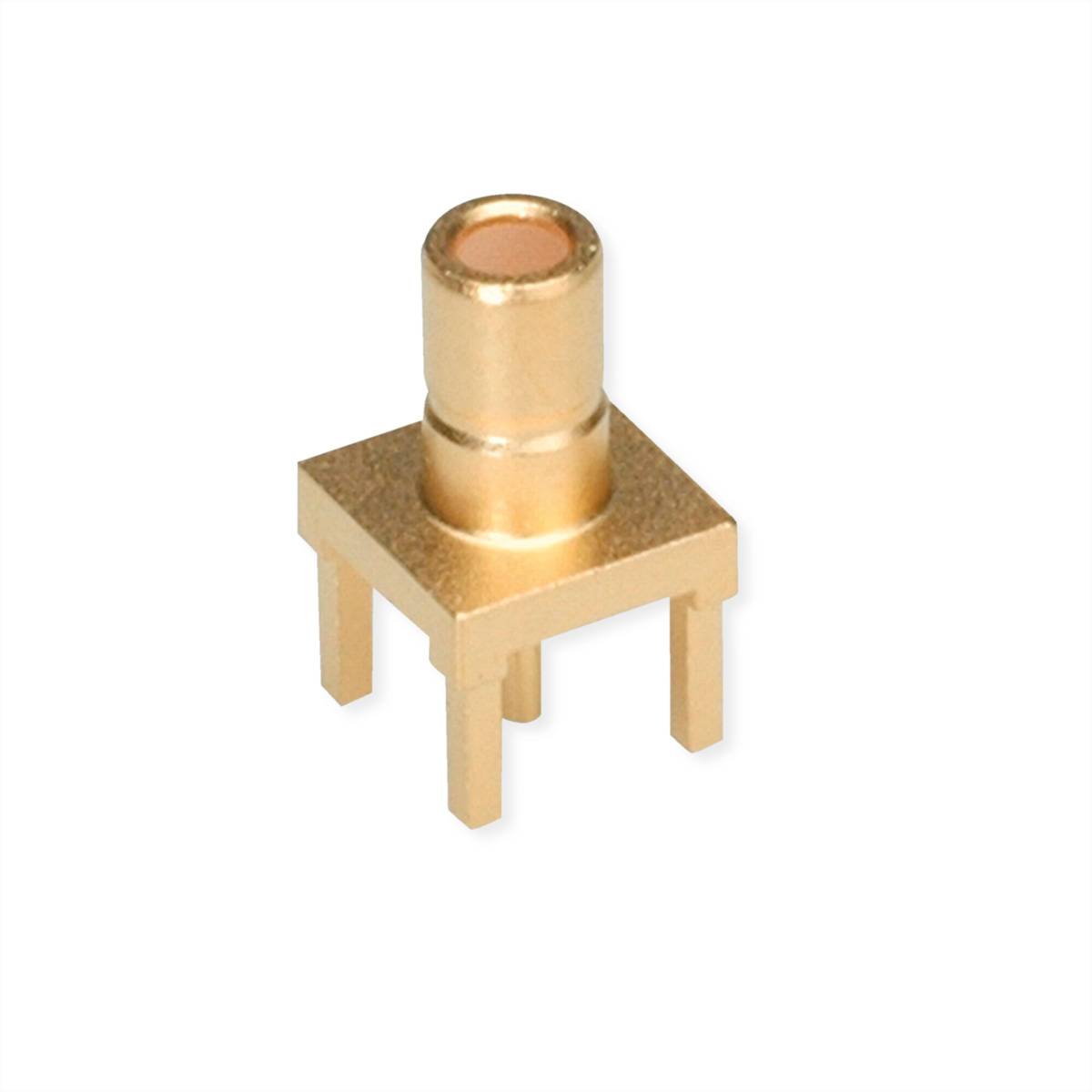 Koaxialstecker, quadratische Basis mit vier Beinen, vergoldet, geeignet für Leiterplatten, verwendet in Hochfrequenzanwendungen.