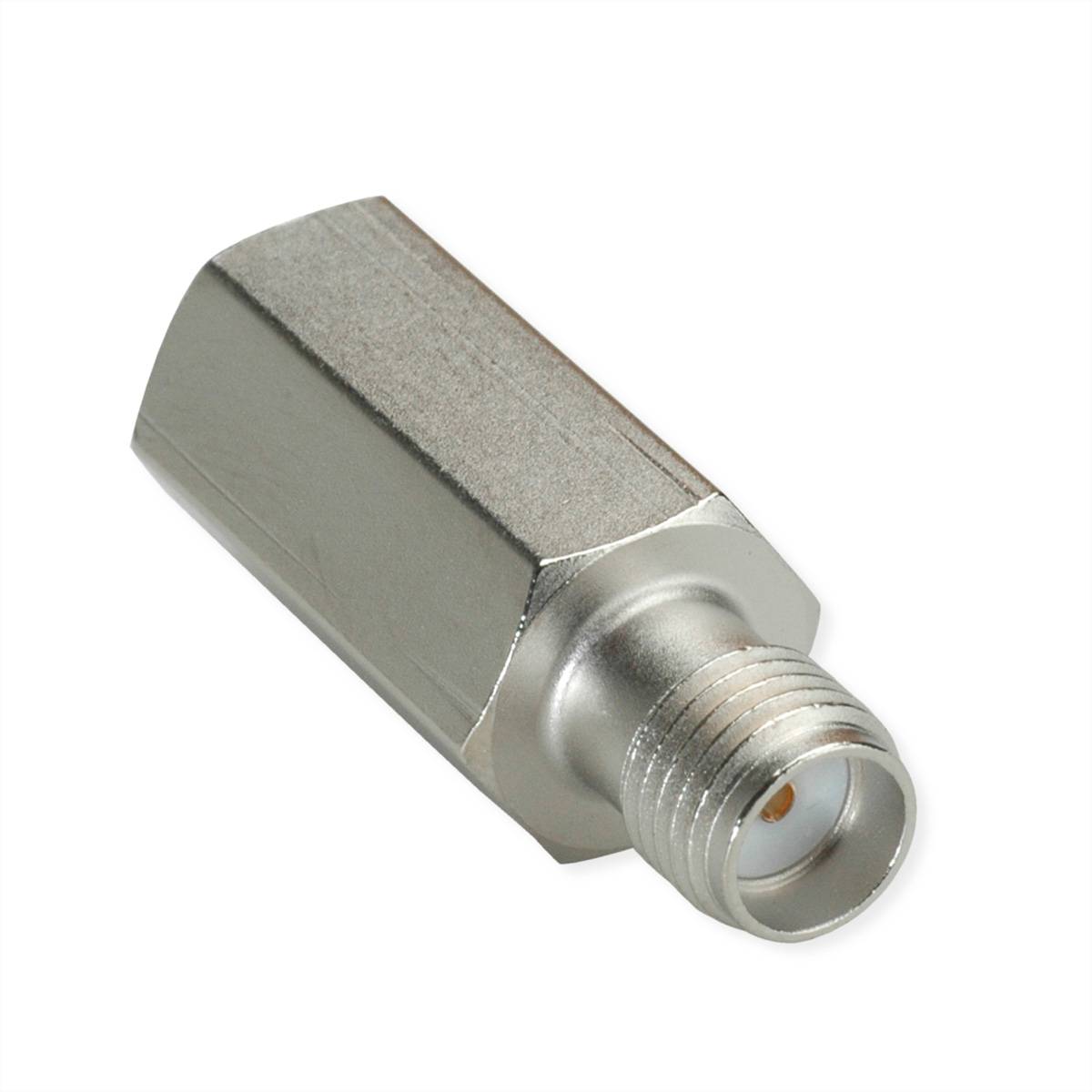 Ein Metall-HF-Koaxialkabeladapter mit einem F-Stecker auf der einen Seite und einem Gewindeluftspalt.