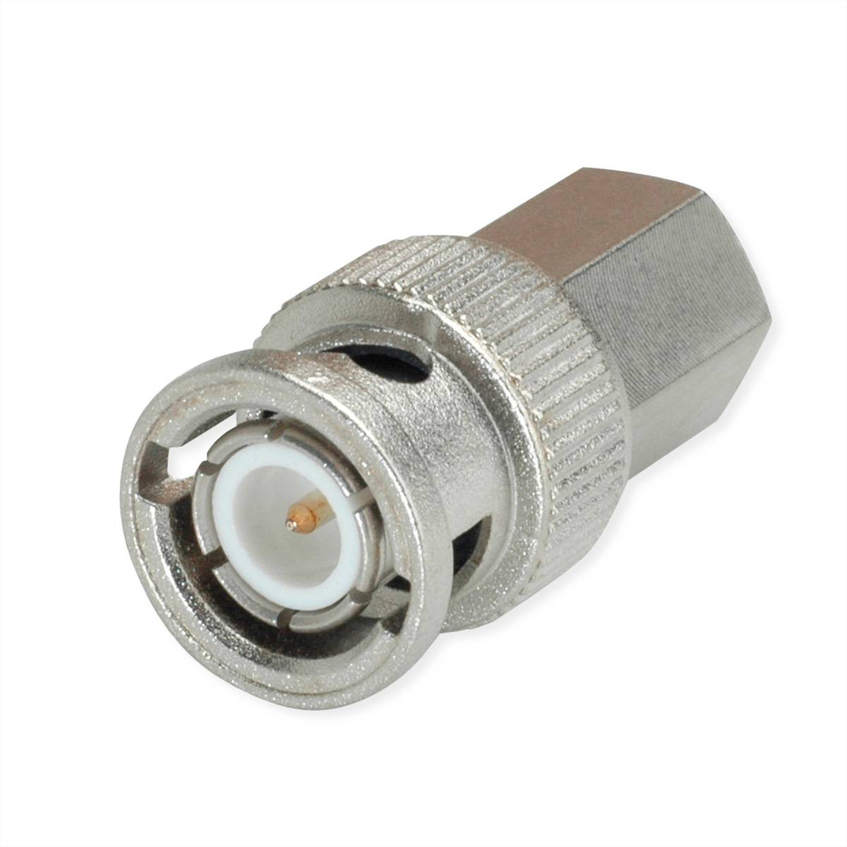 Ein Metall-BNC-Stecker mit Sechskantmuttern-Design, typischerweise für Koaxialkabel verwendet, zeigt die Stift- und Buchsenverbindung.