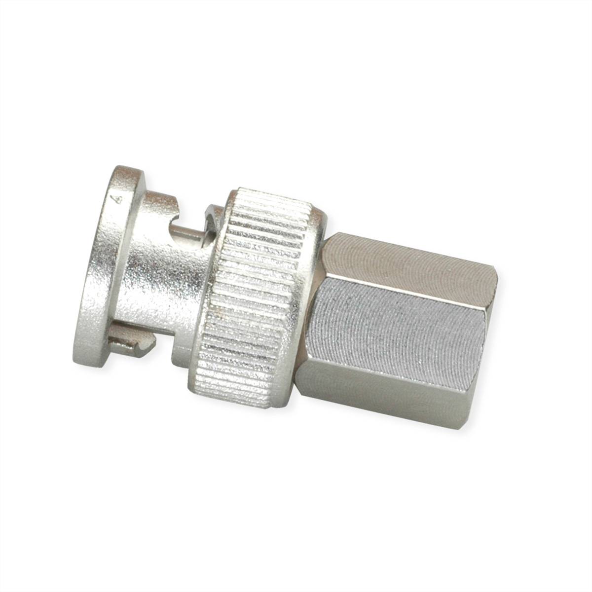 Ein BNC-Stecker auf F-Buchse Adapter mit Metallgehäuse und strukturierter Griffoberfläche, verwendet zum Verbinden von Koaxialkabeln in Audio-Video-Geräteaufbauten.