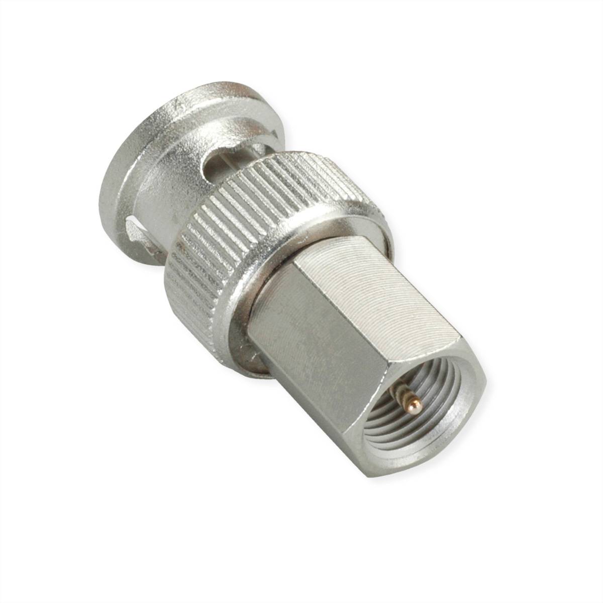 Eine Nahaufnahme eines metallenen koaxialen Adapters mit einer sechskantigen Mutter an einem Ende und einem runden Anschluss am anderen Ende, der für Kabelverbindungen verwendet wird.