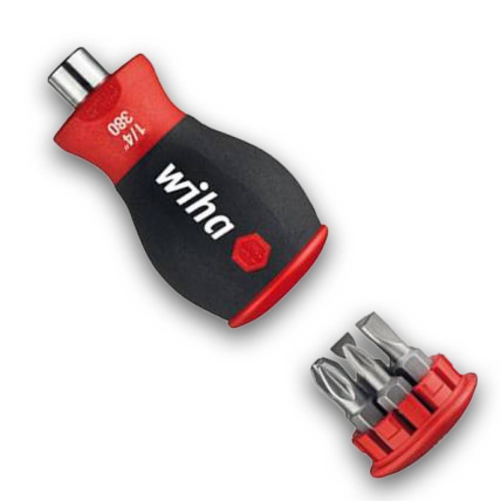 Wiha 1/4-Zoll-Schraubendreher-Adapter mit 90-Grad-Winkel, Bithalter und vier auswechselbaren Bits, separat dargestellt.