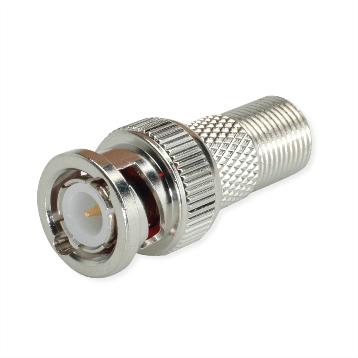 BNC auf F-Typ Koaxialadapter': Metalladapter mit einem BNC-Anschluss auf einer Seite und einem F-Typ-Anschluss auf der anderen Seite, verwendet für Kabelfernsehsysteme.