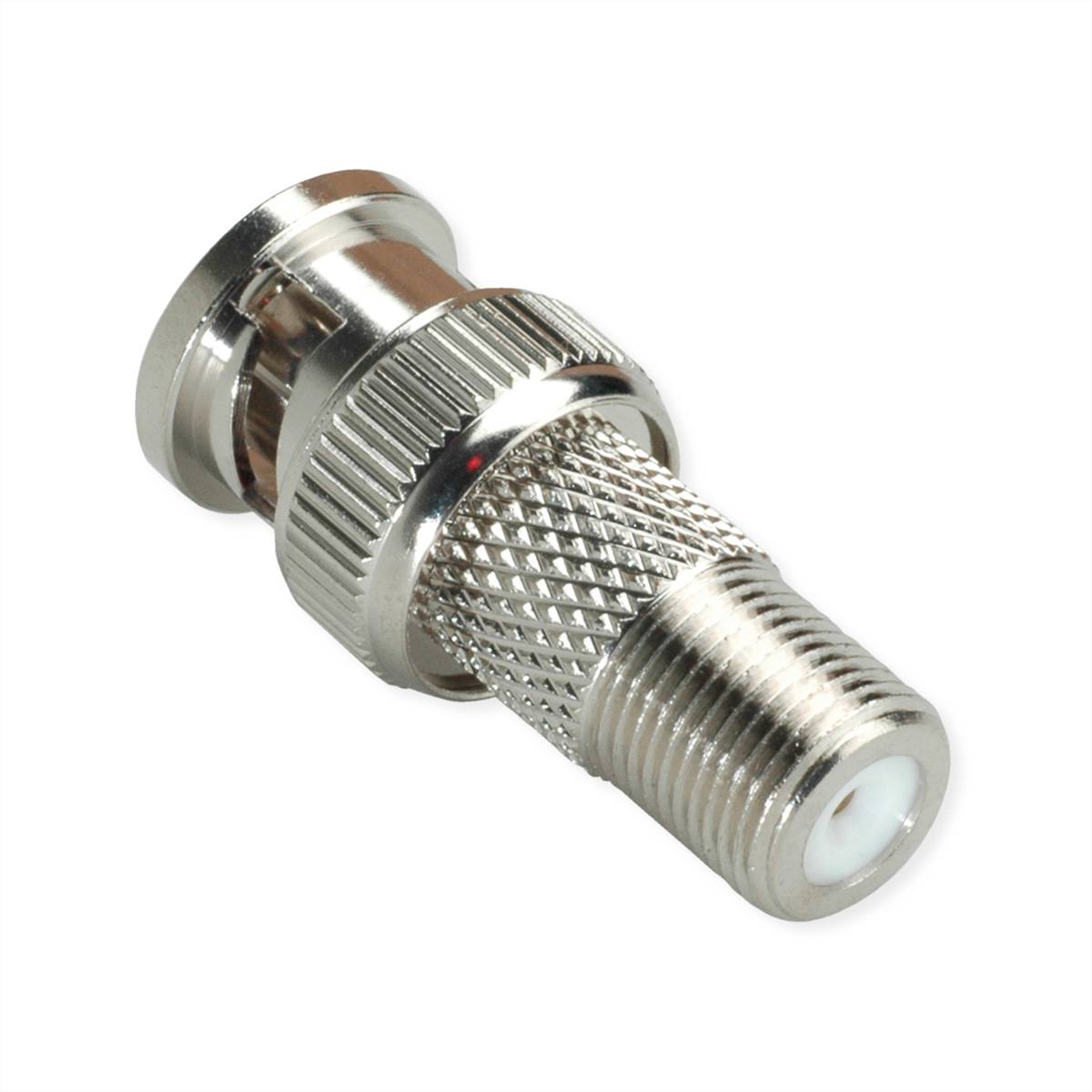 Ein silberner koaxialer Steckerverbinder mit BNC-zu-F-Typ-Stecker-Design, mit gerilltem Griff und metallischer Oberfläche, typischerweise in AV-Setups verwendet.