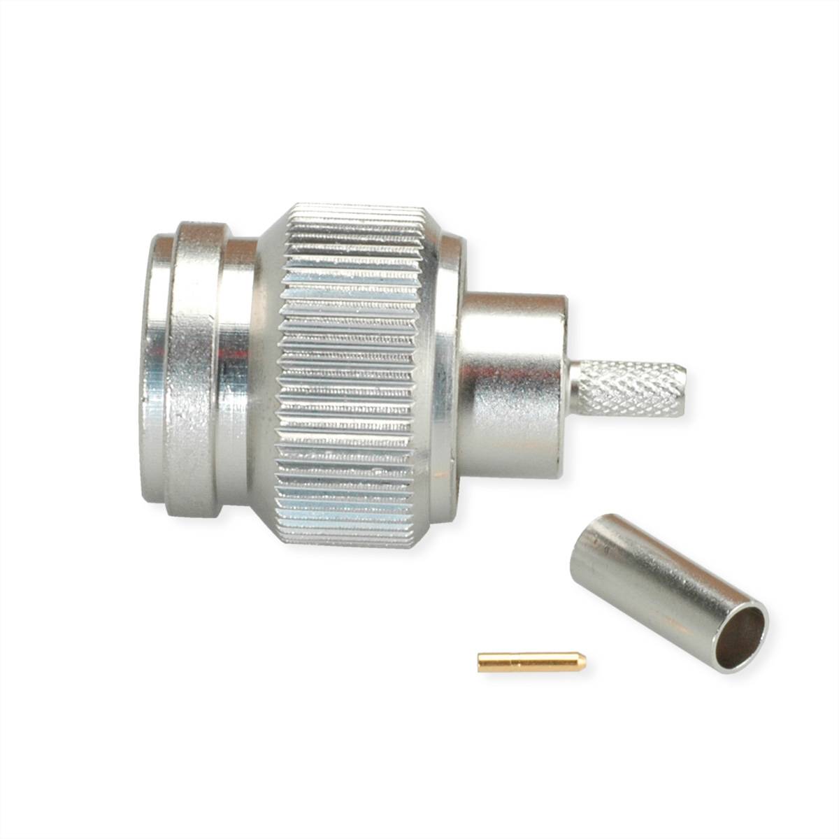Koaxialkabelstecker mit metallischem Gehäuse, unterteilt in drei Komponenten: Hauptstecker, Hülse und Kontaktstift. Wird zur Signalübertragung verwendet.