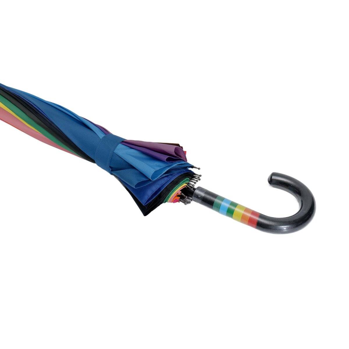 Metallstockschirm in Regenbogenfarben, 65 cm Fiberglas-Stange, mit Ledergriff ?110 cm