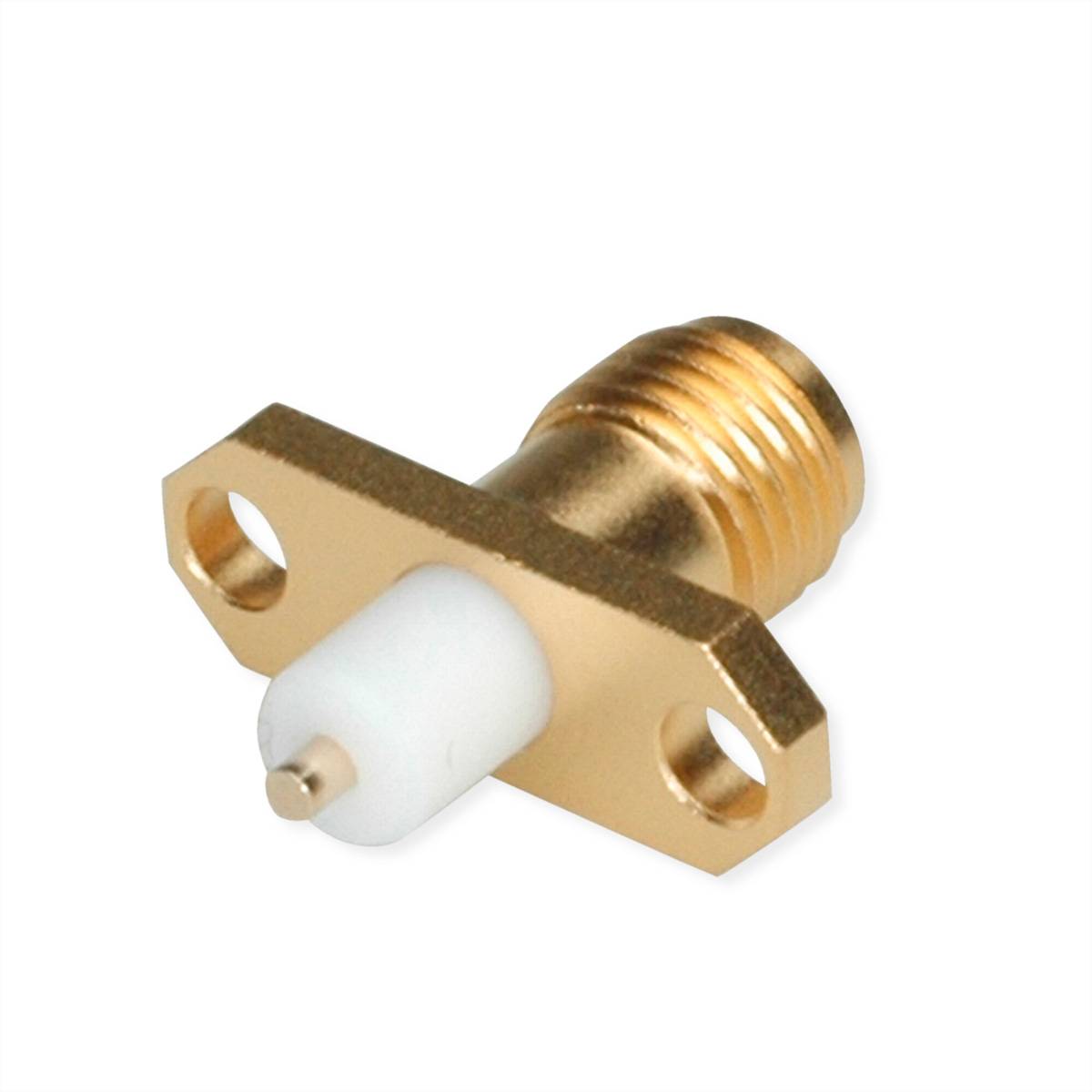 Ein rechtwinkliger koaxialer Stecker, vergoldet, mit drei abnehmbaren Teilen einschließlich einer Hülse und einer kleinen Rundkappe, auf weißem Hintergrund.