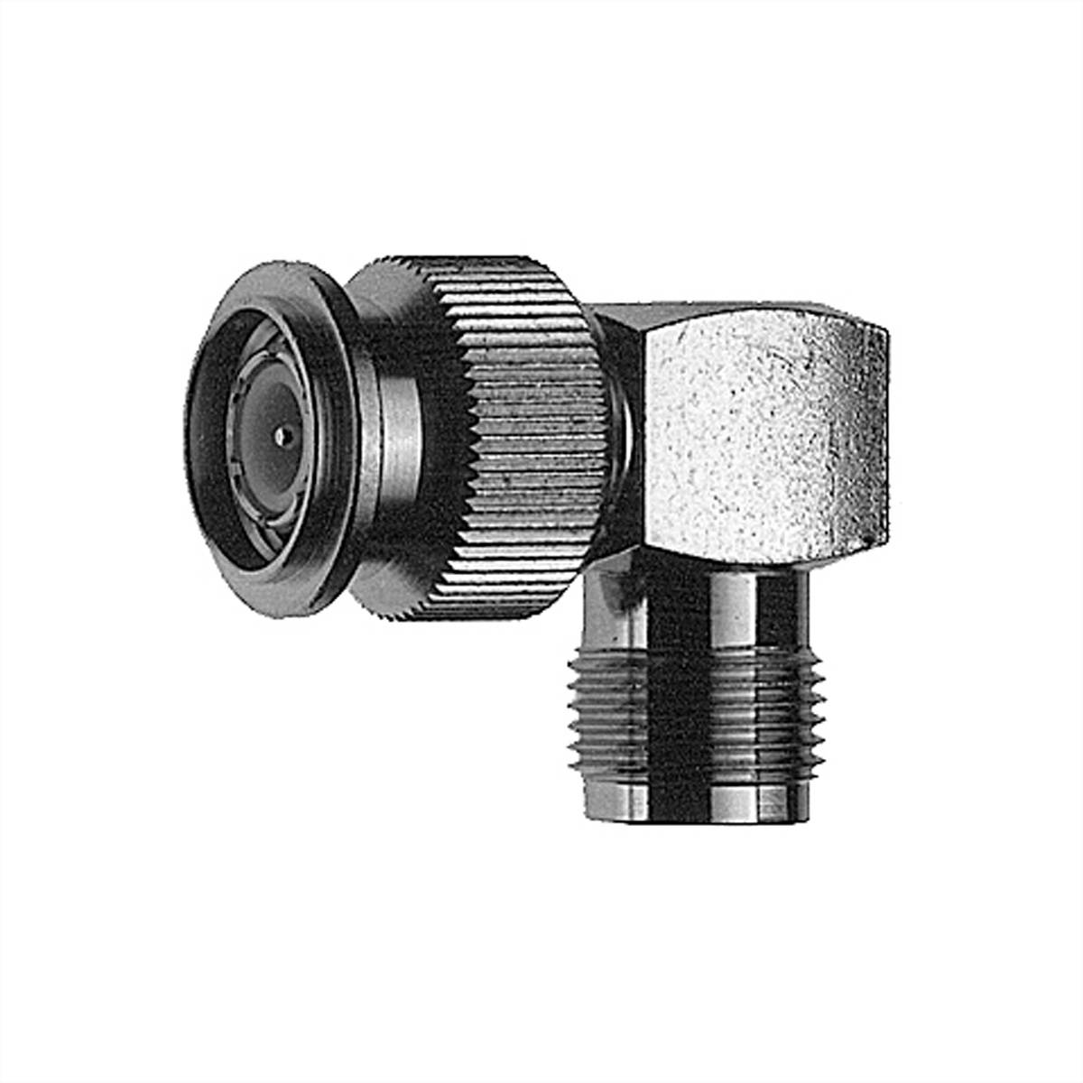 Eine metallische rechtwinklige Rohrverschraubung mit gerilltem Verstellknopf und Gewinde-anschlüssen, die für Sanitär- oder Druckluftanlagen verwendet wird.