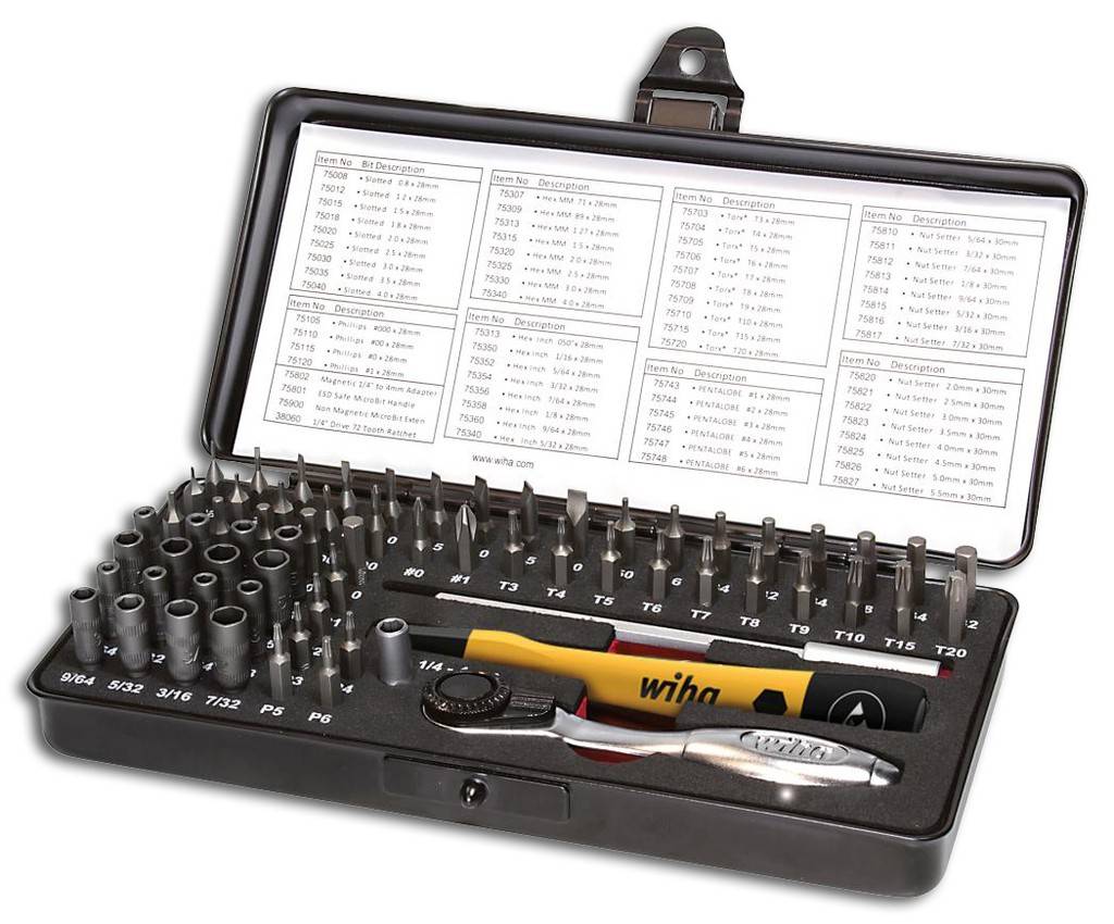 Offener Koffer eines Wiha-Schraubendrehers und Bit-Sets mit verschiedenen Nüssen, Torx-Bits und einem gelb-schwarzem Griff, ordentlich im Inneren organisiert.