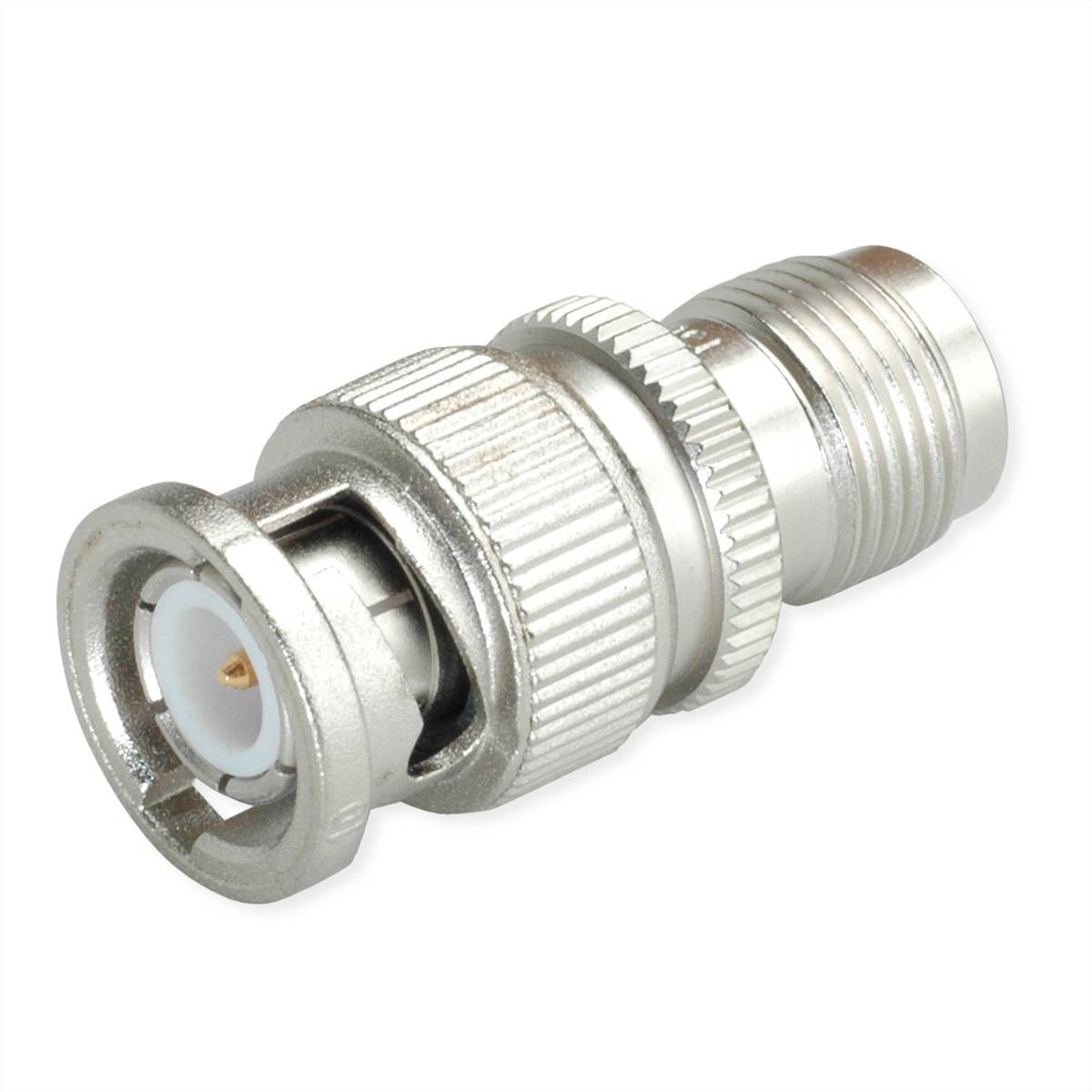 Ein Metallkoaxialkabeladapter mit einem BNC-Steckverbinder auf der einen Seite und einem F-Buchse-Steckverbinder auf der anderen Seite, der zum Verbinden von Kabeln verwendet wird.