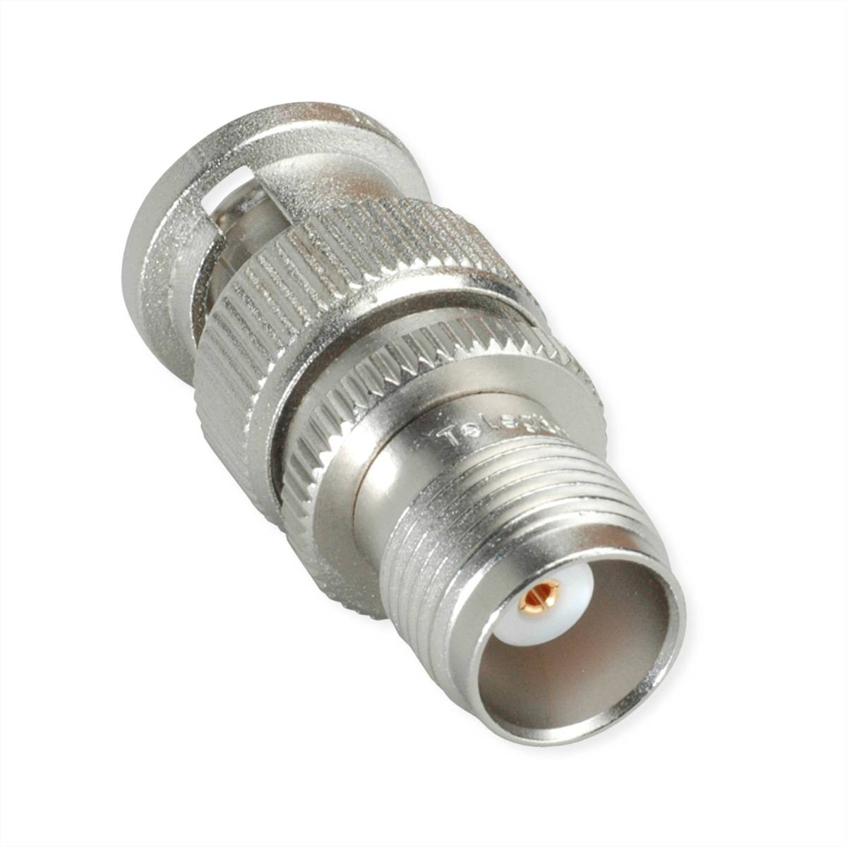 Ein silberner koaxialer Steckerverbinder mit gewindellem Ende und einer Stift innen, der zum Verbinden von Video- und Netzwerkgeräten verwendet wird.