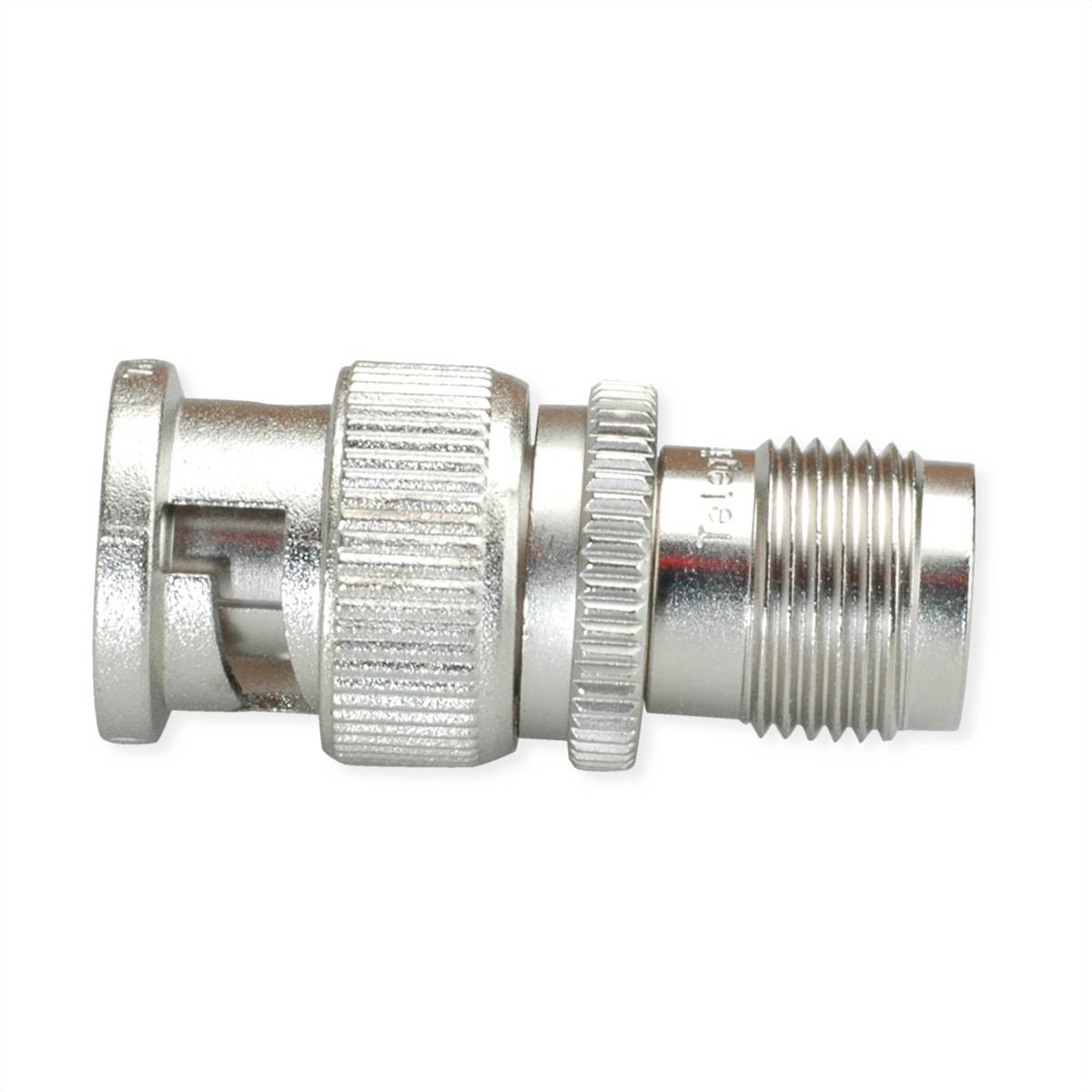 Ein metallischer koaxialer Kabeladapter mit einem BNC-Stecker auf der linken Seite und einem F-Stecker auf der rechten Seite, verwendet für Video- und HF-Signale.