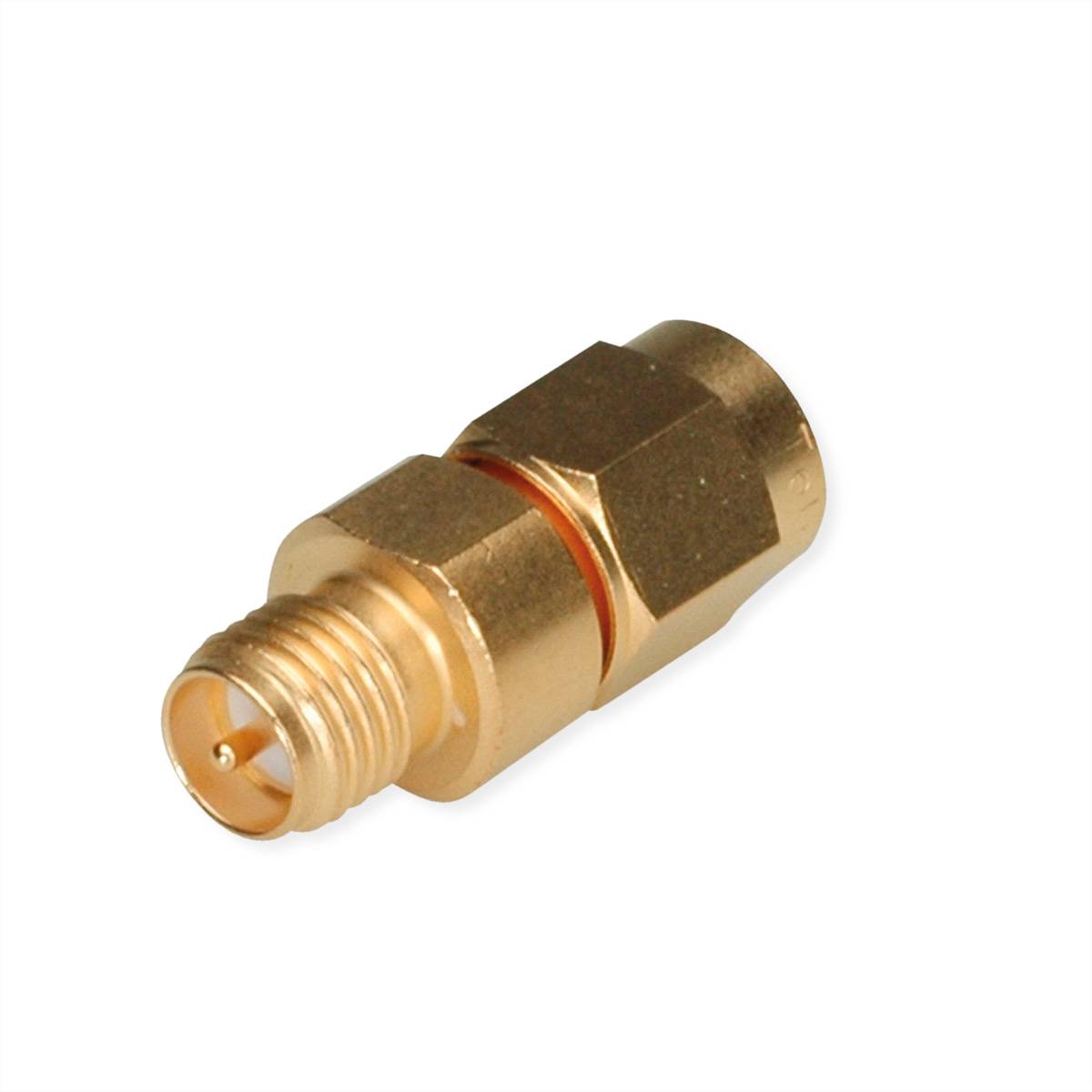 Ein vergoldeter koaxialer Adapter mit männlichem und weiblichem SMA-Stecker, typischerweise für HF-Anwendungen in Kommunikationsgeräten verwendet.