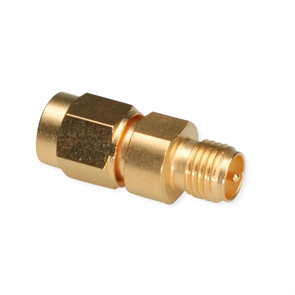 Ein vergoldeter HF-Stecker mit gerändeltem Griff und Gewinde-Ende, verwendet zum Verbinden von Koaxialkabeln in Telekommunikationsgeräten.