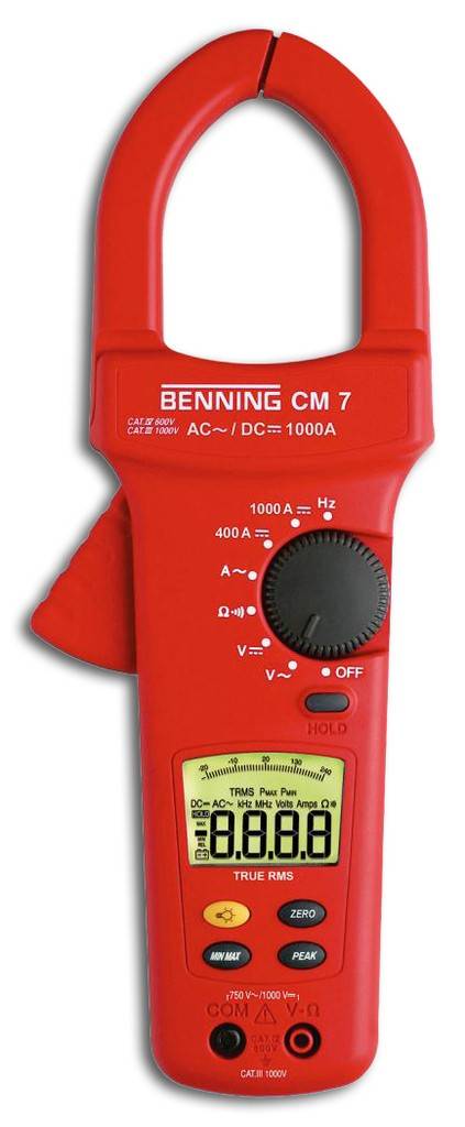 Rot Benning CM 7 Zangenmessgerät mit Display, Drehwahlschalter und Messzangen zur Prüfung des elektrischen Stroms.