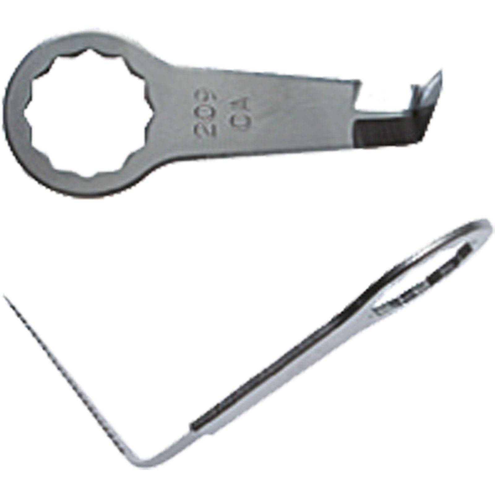 Ein zweiseitiges Werkzeug mit einem Schraubenschlüsselkopf auf der einen Seite und einem speziellen Haken auf der anderen Seite, das für Wartungs- oder Reparaturaufgaben verwendet wird.