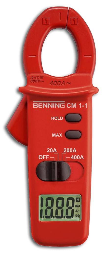 Rote BENNING CM 1-1 Stromzange mit digitaler Anzeige, HOLD- und MAX-Tasten sowie Drehwahlschalter für die Bereiche AUS, 20A, 200A und 400A.