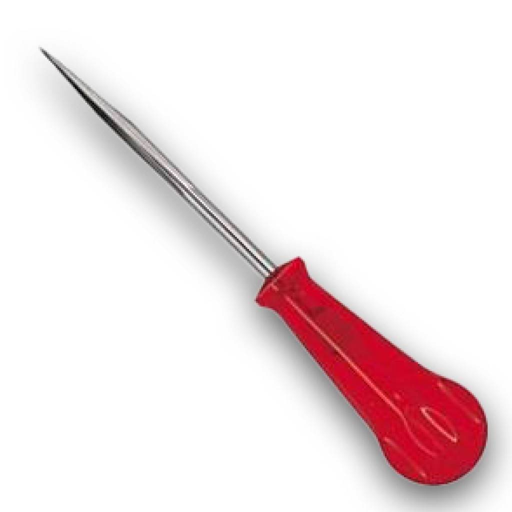 Schraubendreher mit rotem Griff und langem spitzem Metallschaft auf weißem Hintergrund.