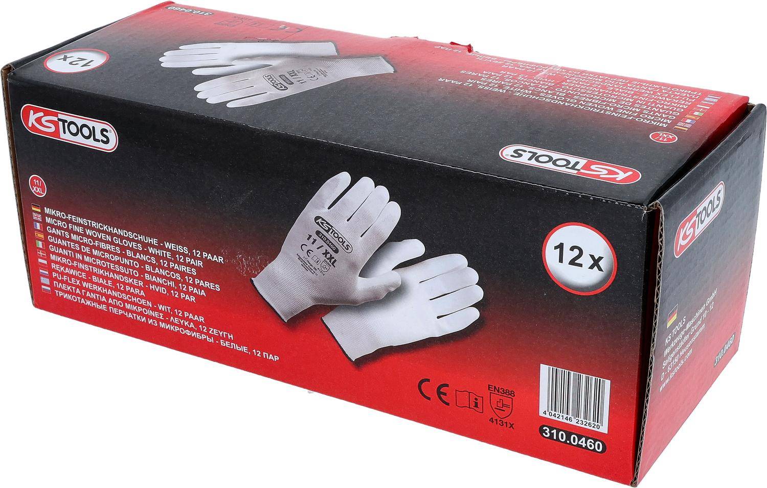 Eine Schachtel mit 12 Paar weißen Arbeitshandschuhen mit schwarzen Details. Die Verpackung trägt die Marke 'EXtools' und die Produktnummer '310.0460'.