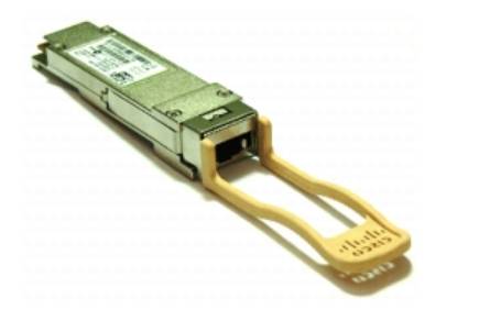 Ein kleines Metall-Optiktransceiver-Modul mit goldenem Griff, dargestellt isoliert auf weißem Hintergrund.