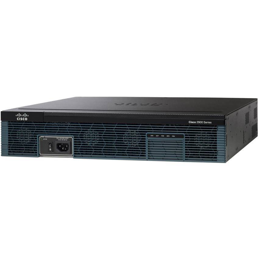 Cisco 2900 Serie Rack-Mount-Netzwerkrouter mit frontseitiger Belüftungsgitter und Stromeingangsfeld.