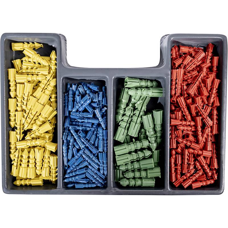 Ein geteiltes Tablett mit vier Fächern enthält Plastikdübel in Gelb, Blau, Grün und Rot, die zum Befestigen von Schrauben in Wänden verwendet werden.