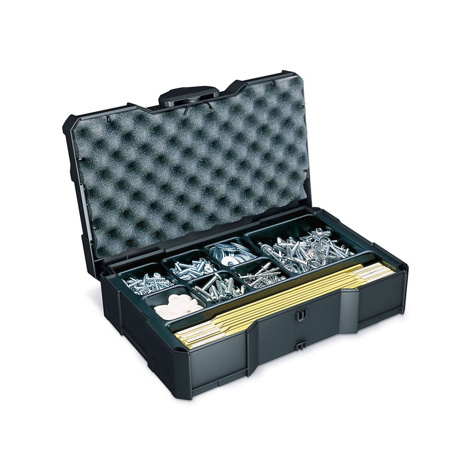 Eine offene Werkzeugbox mit sortierten Schrauben, Muttern und Befestigungselementen, die in Fächern angeordnet sind. Der Deckel ist mit Schaumstoffpolsterung zum Schutz versehen.