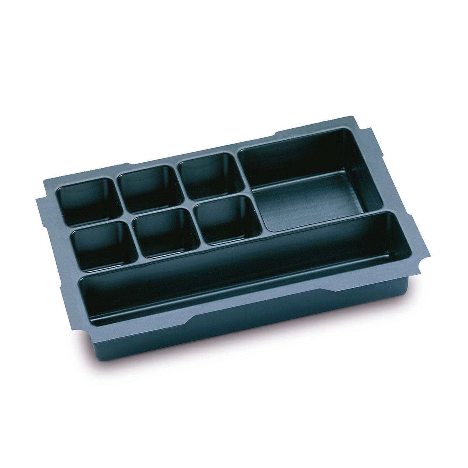 Ein schwarzes Kunststoff-Sortierfach mit sieben Fächern in unterschiedlichen Größen zum Sortieren kleiner Gegenstände.