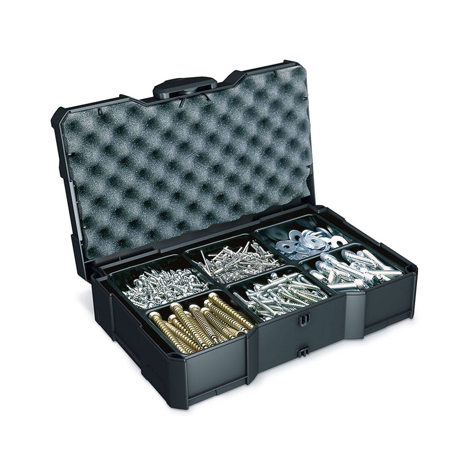 Ein schwarzer Werkzeugkoffer enthält übersichtlich angeordnete Fächer mit verschiedenen Schrauben, Bolzen, Unterlegscheiben und Dübeln, bereit für ein Heimwerker-Projekt.