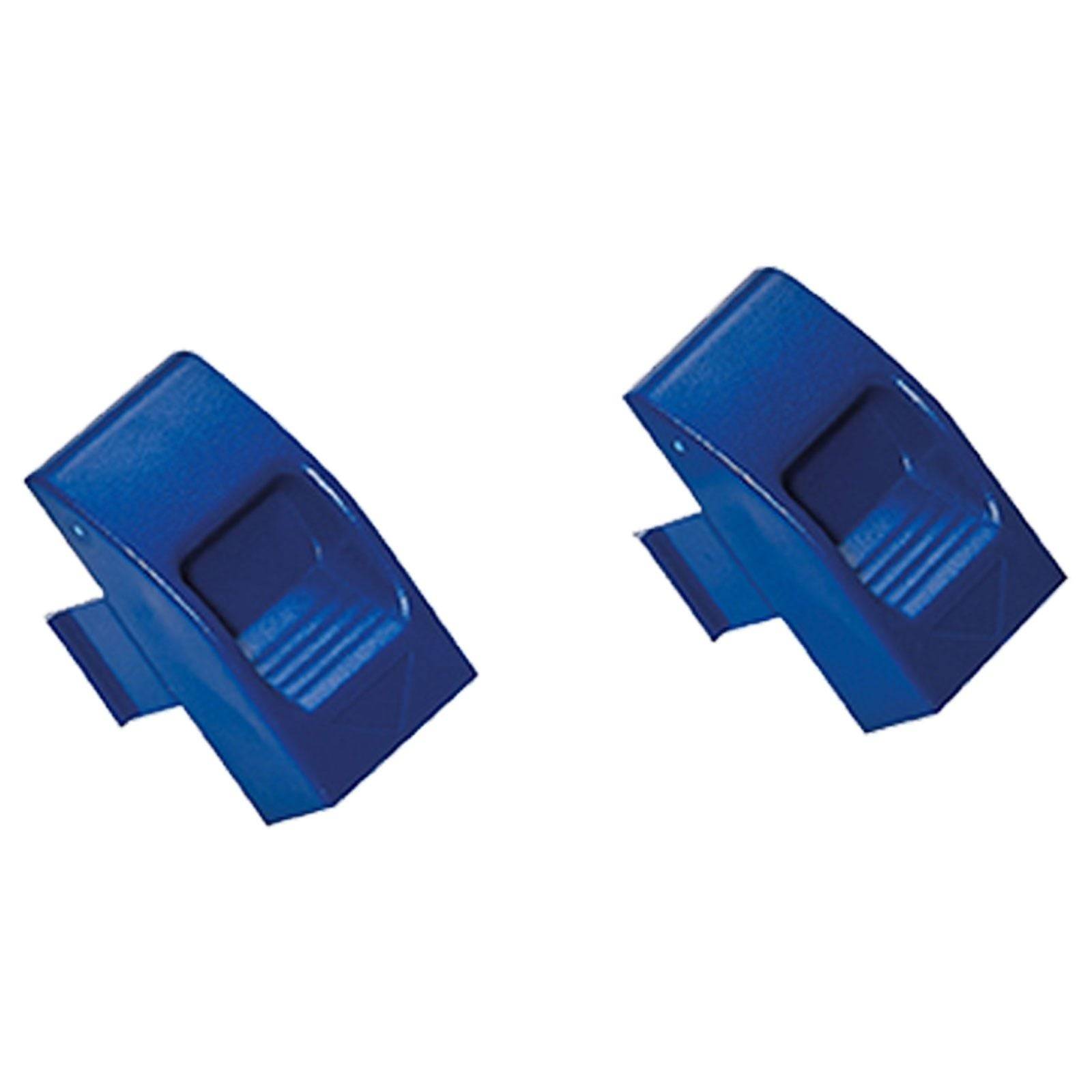 Zwei blaue faltbare Buchstützen aus Kunststoff mit einer strukturierten Griffoberfläche, entwickelt, um Bücher aufrecht auf einem Regal oder Schreibtisch zu halten.