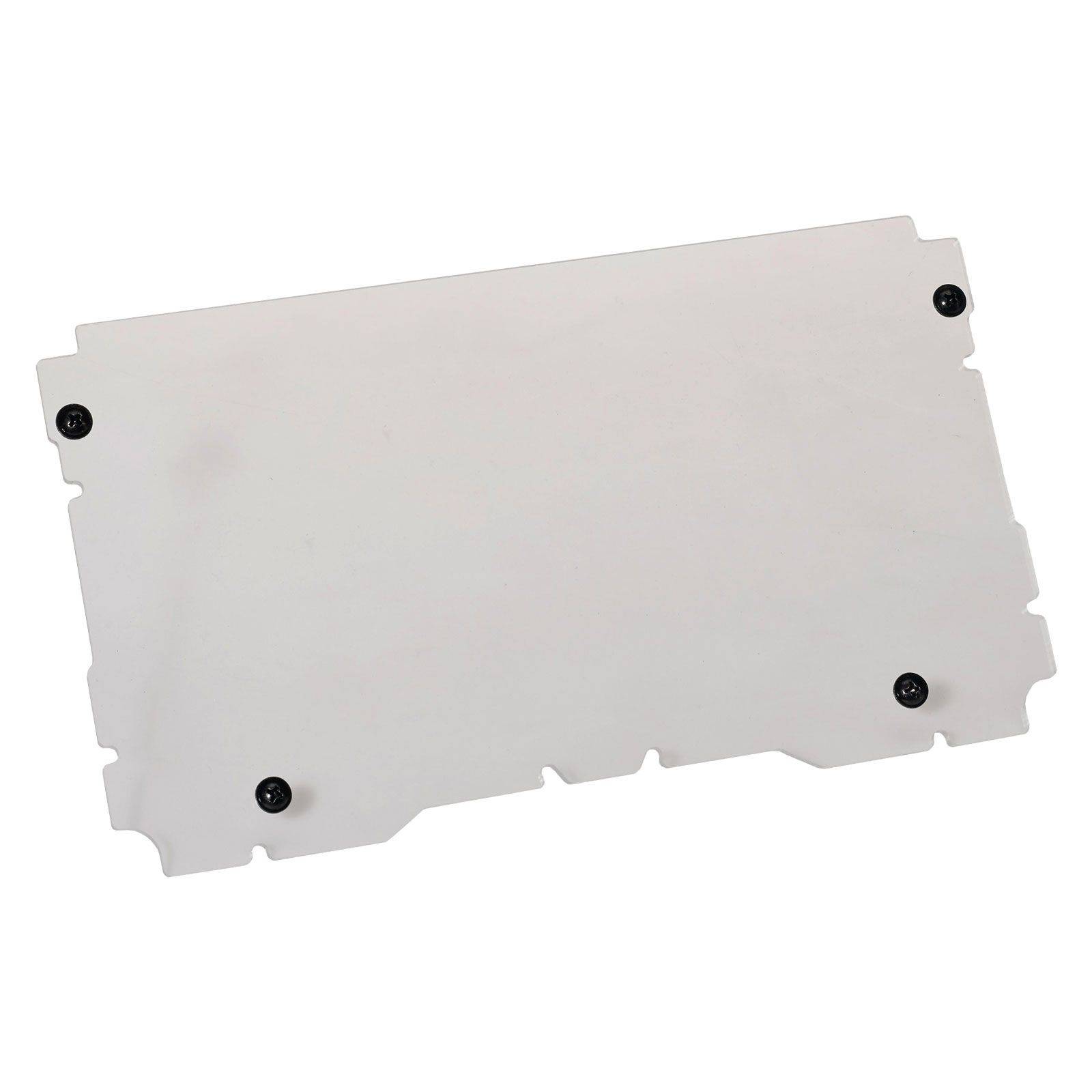 Ein rechteckiges, halbtransparentes weißes Kunststoffpanel mit abgerundeten Kanten und sechs schwarzen Schrauben.