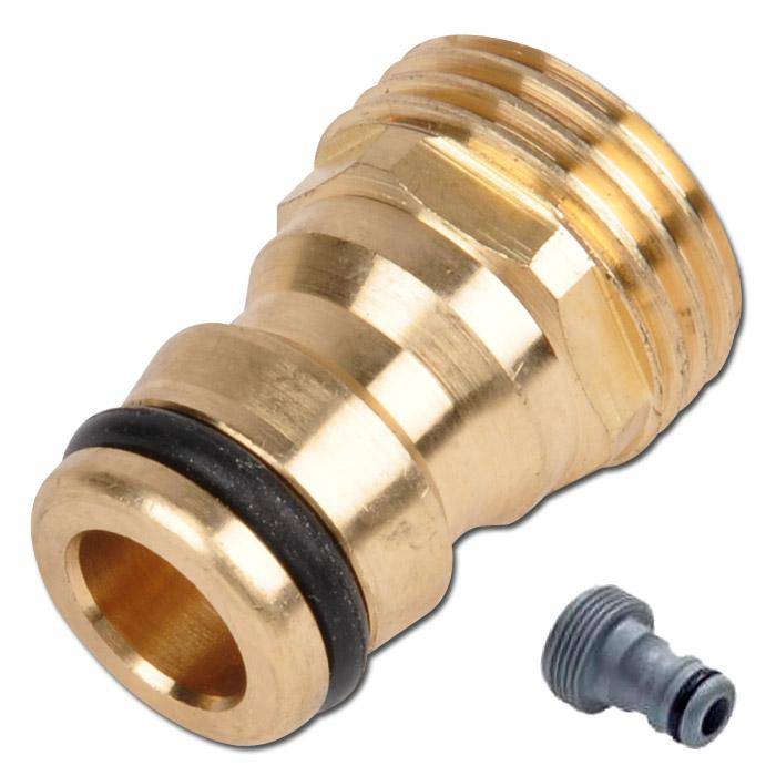 Messingschlauchverbinder-Adapter mit schwarzem O-Ring, gezeigt mit einer kleinen grauen Gewindepassform in einer Einfügung auf weißem Hintergrund.