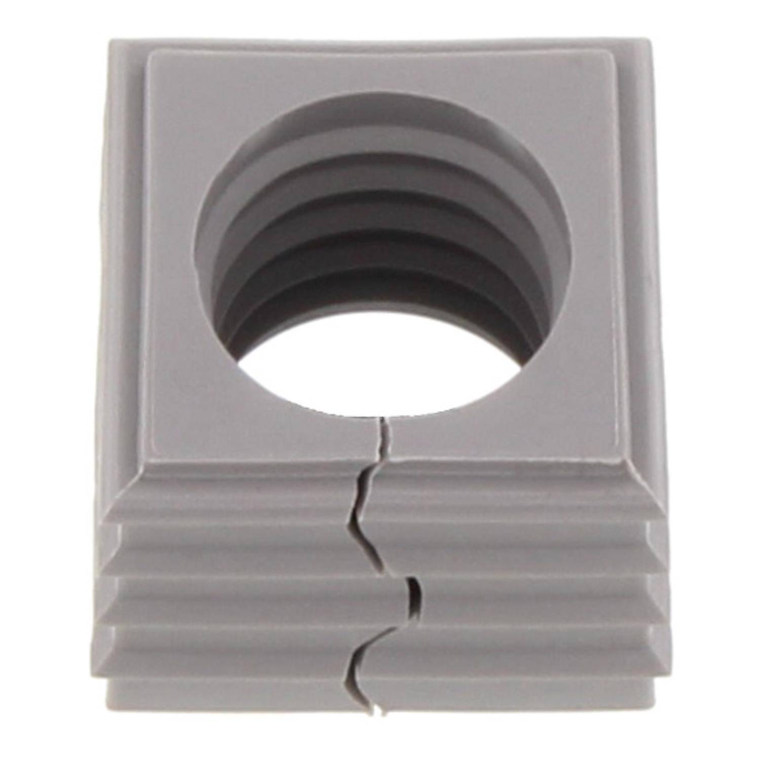 Eine quadratische graue Kabelmuffe im Akkordeon-Stil mit einer zentralen kreisförmigen Öffnung und geschichteten Kanten.