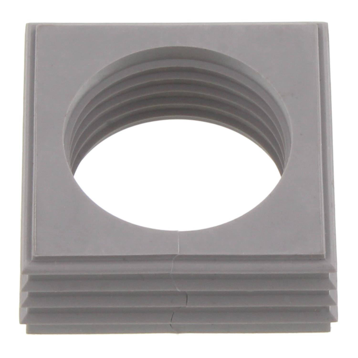 Grauer quadratischer Kunststoffgegenstand mit einem kreisförmigen Gewindeloch in der Mitte, wahrscheinlich als Adapter- oder Verbindungskomponente dienend.