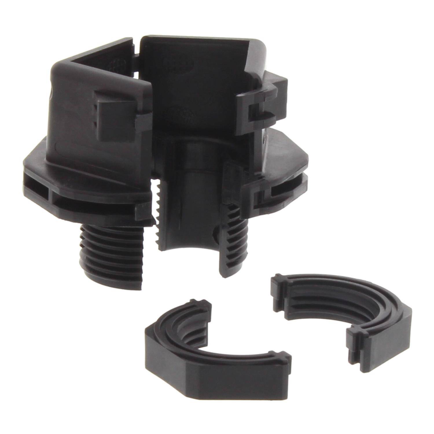 Eine schwarze Kunststoffrohrschelle mit verstellbaren Segmenten, an einer Seite offen, auf weißem Hintergrund platziert, wird zum Befestigen von Rohren oder Kabeln verwendet.