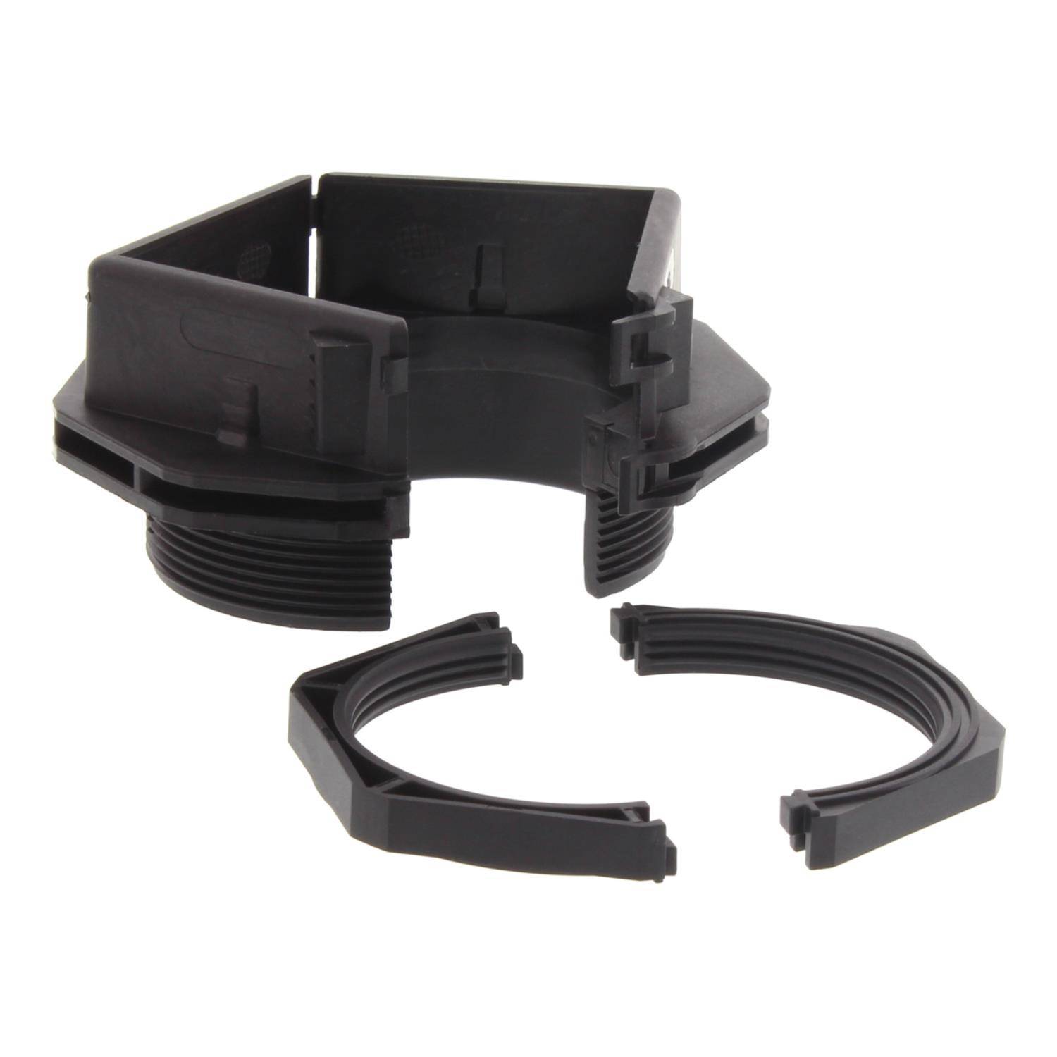 Eine sechskantige schwarze Kunststoffmutter mit Gewinde an den Enden und zwei lockeren Ringen, die zum Befestigen von Elektrorohrverschraubungen verwendet wird.
