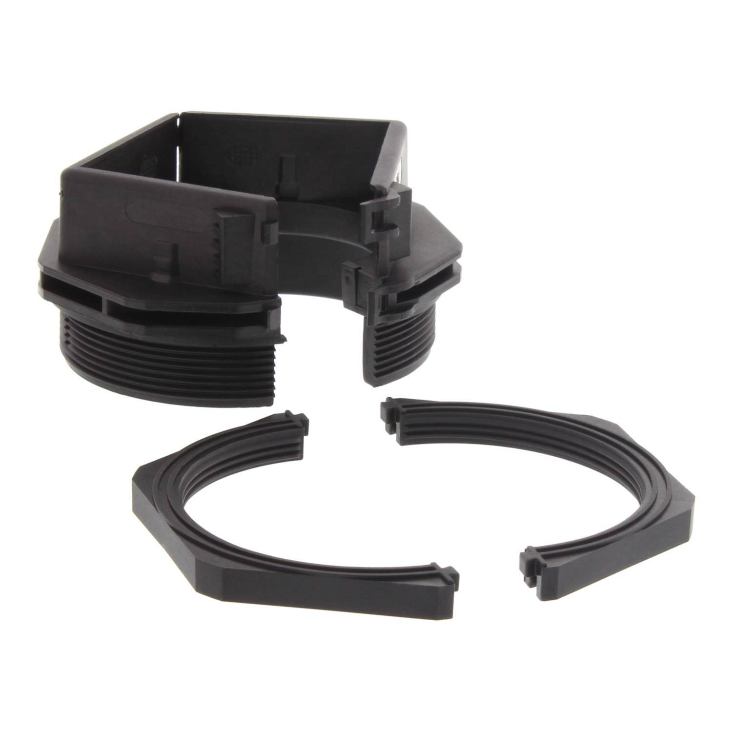 Ein schwarzer Kunststoffverschluss mit Gewinde und zwei entsprechende Halbring-Komponenten.