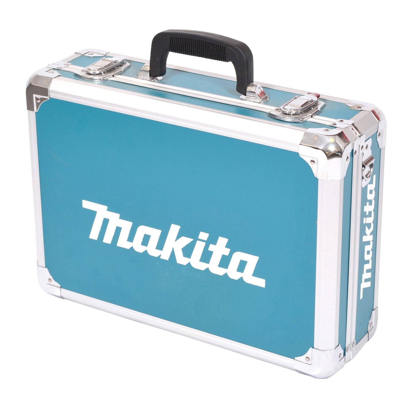Eine blaue und silberne Werkzeugkiste mit dem 'Makita' Logo, versehen mit einem schwarzen Griff und Metalleinhängungen.