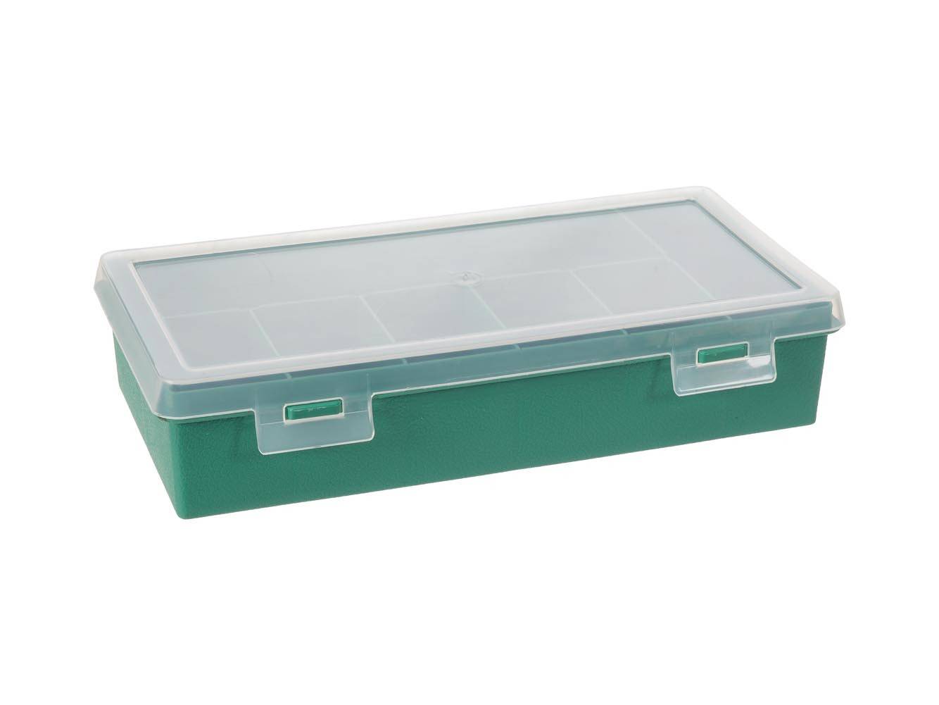 Tayg Sortimentskasten, 7 feste Fächer, transparenter Deckel, stapelbar, 240 x 140 x 54 mm, Grün